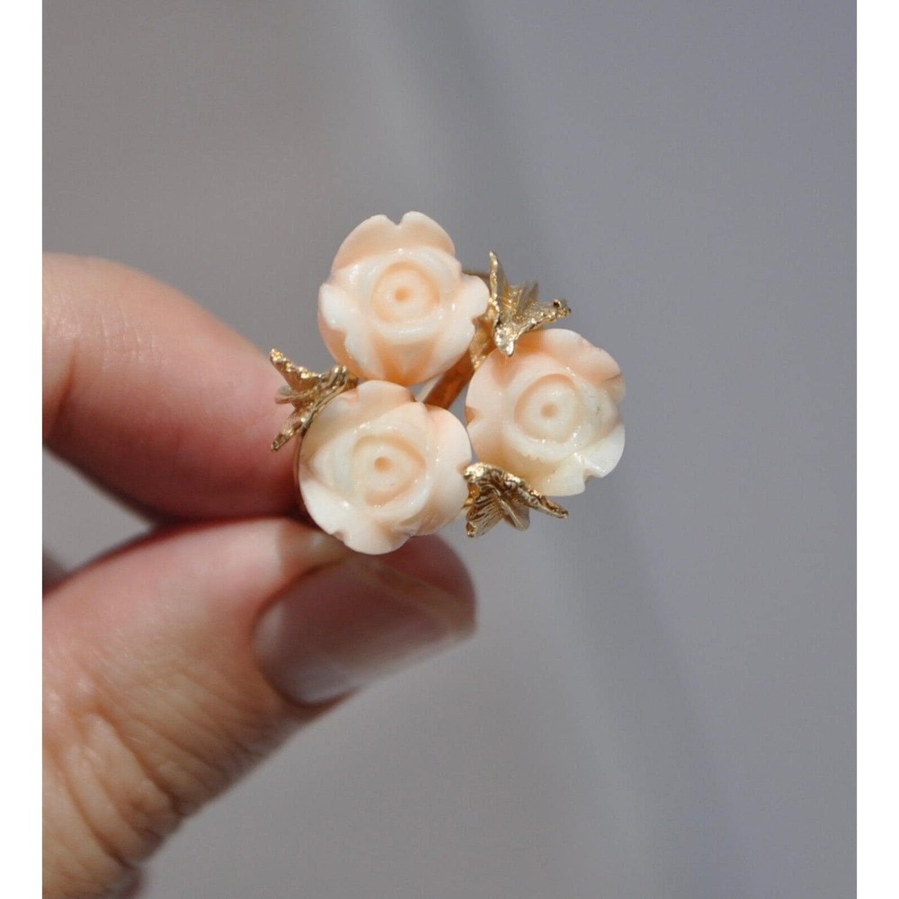Vintage 14k Solid Gold Carved Coral Rose Ring -‎ Flower Bouquet Blush Pink Heavy